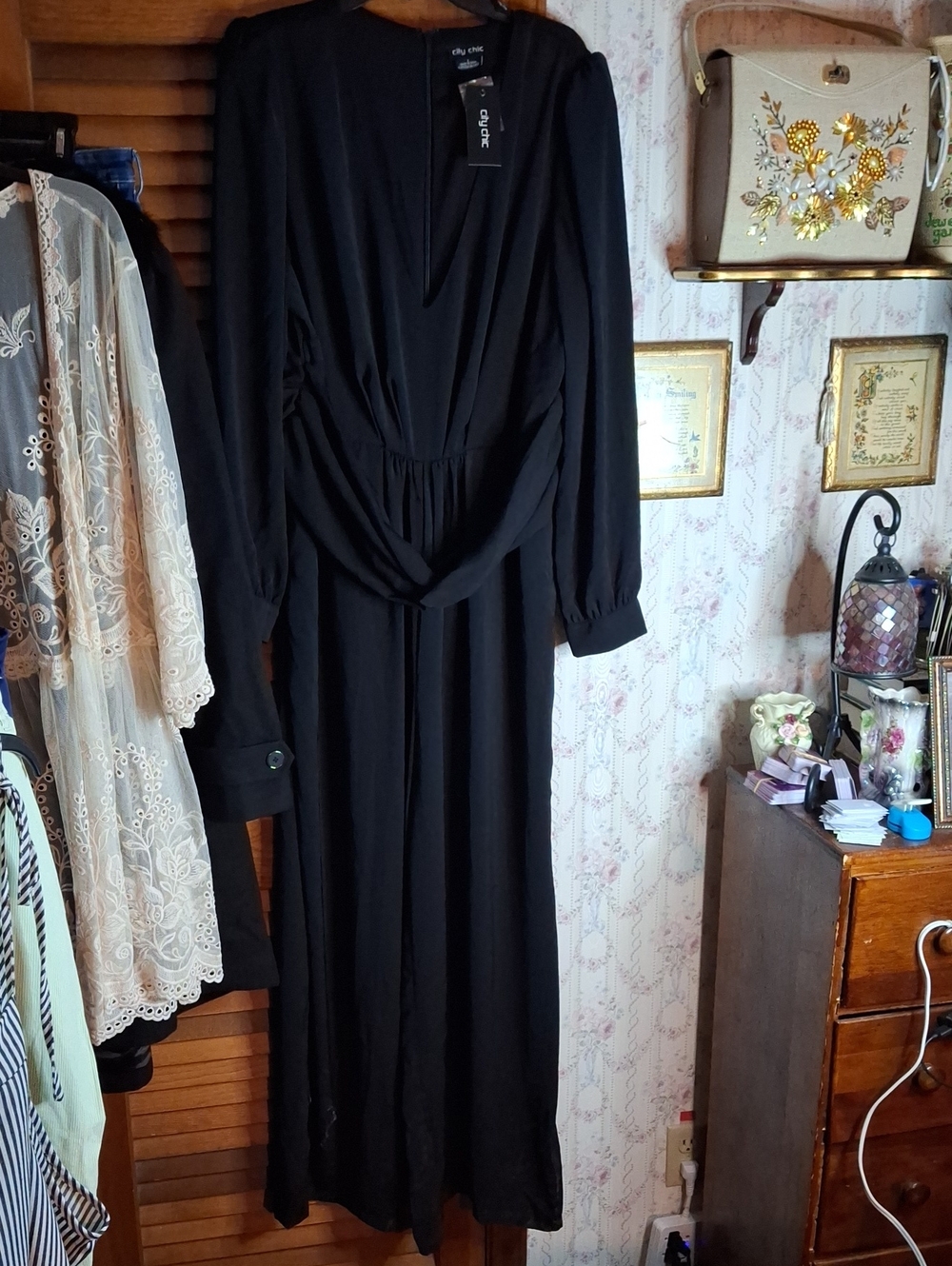 City Chic Black Blakely Long Sleeve Jumpsuit Draped Front NWT Large